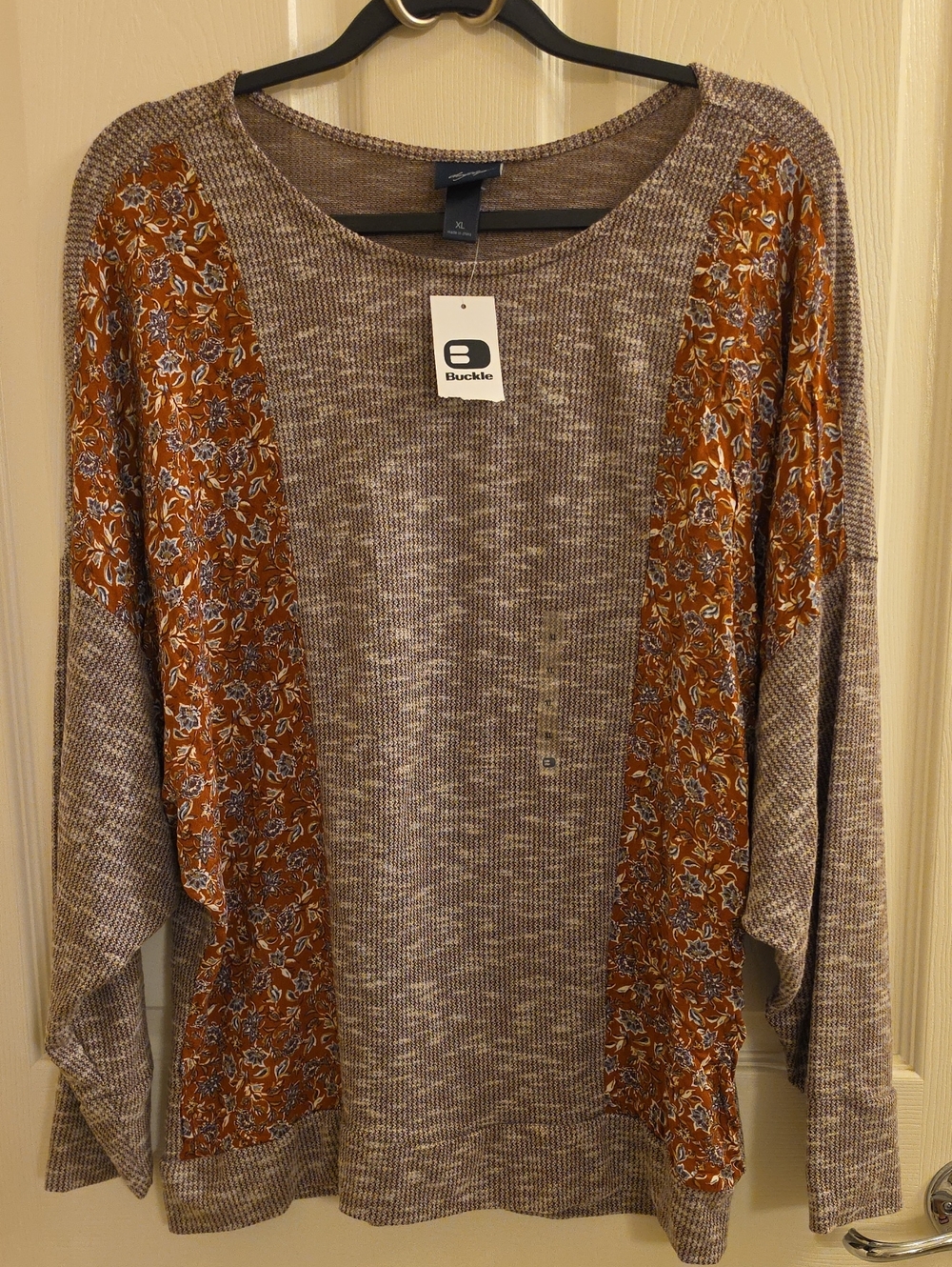 Buckle Daytrip - Brown &Taupe Knit Top with Rust Floral Panels Mixed Media Top